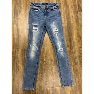 Indigo Rein Skinny Jeans Sz 7 Blue Distressed Ripped High Rise Medium Wash Denim